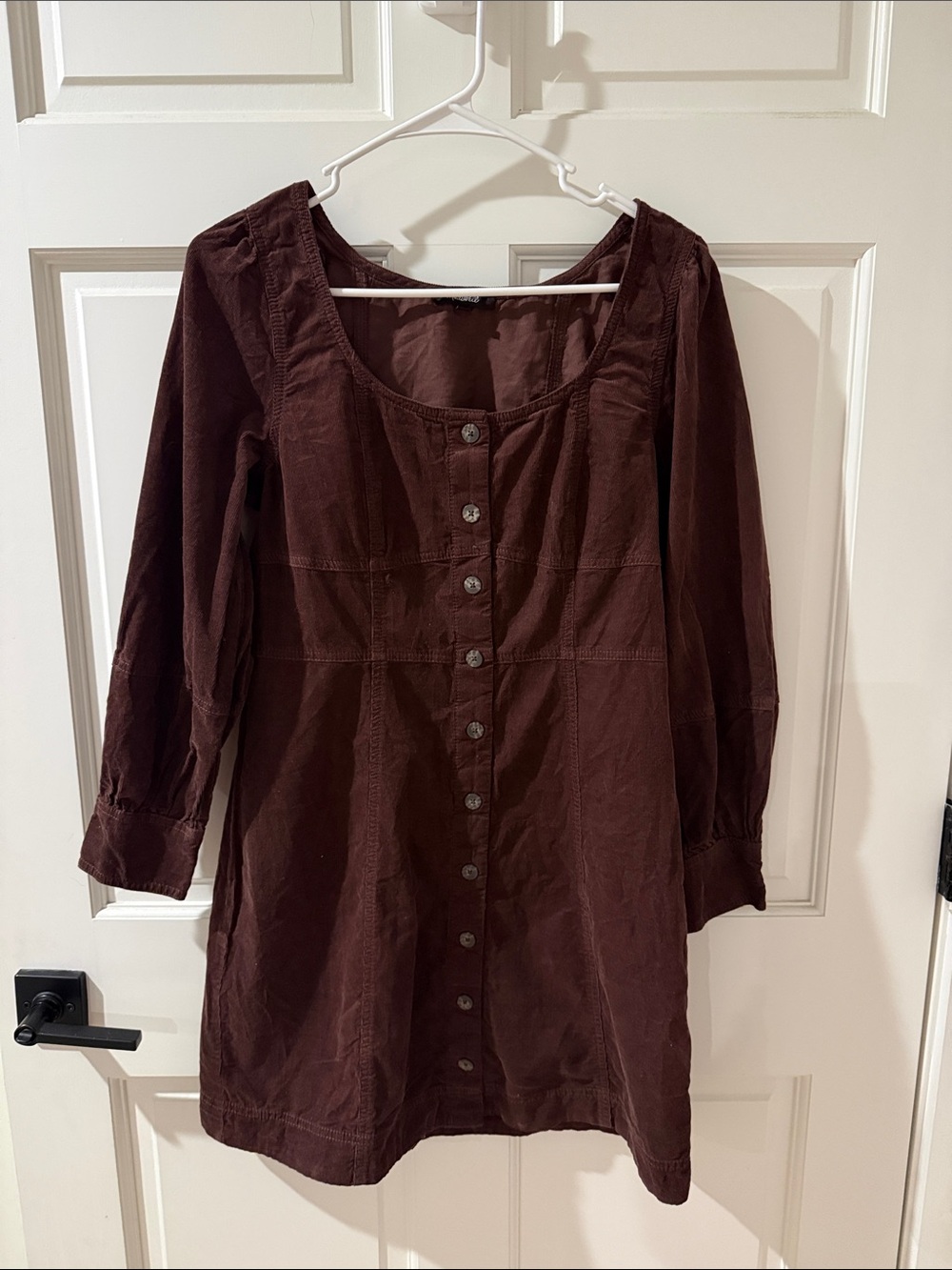 Madewell Eggplant Corduroy Button-Front Long Sleeve Scoop-Neck Dress